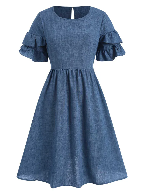 Blue 1940s Layered Ruffle Sleeve A-Line Dress sold by Retro Stage