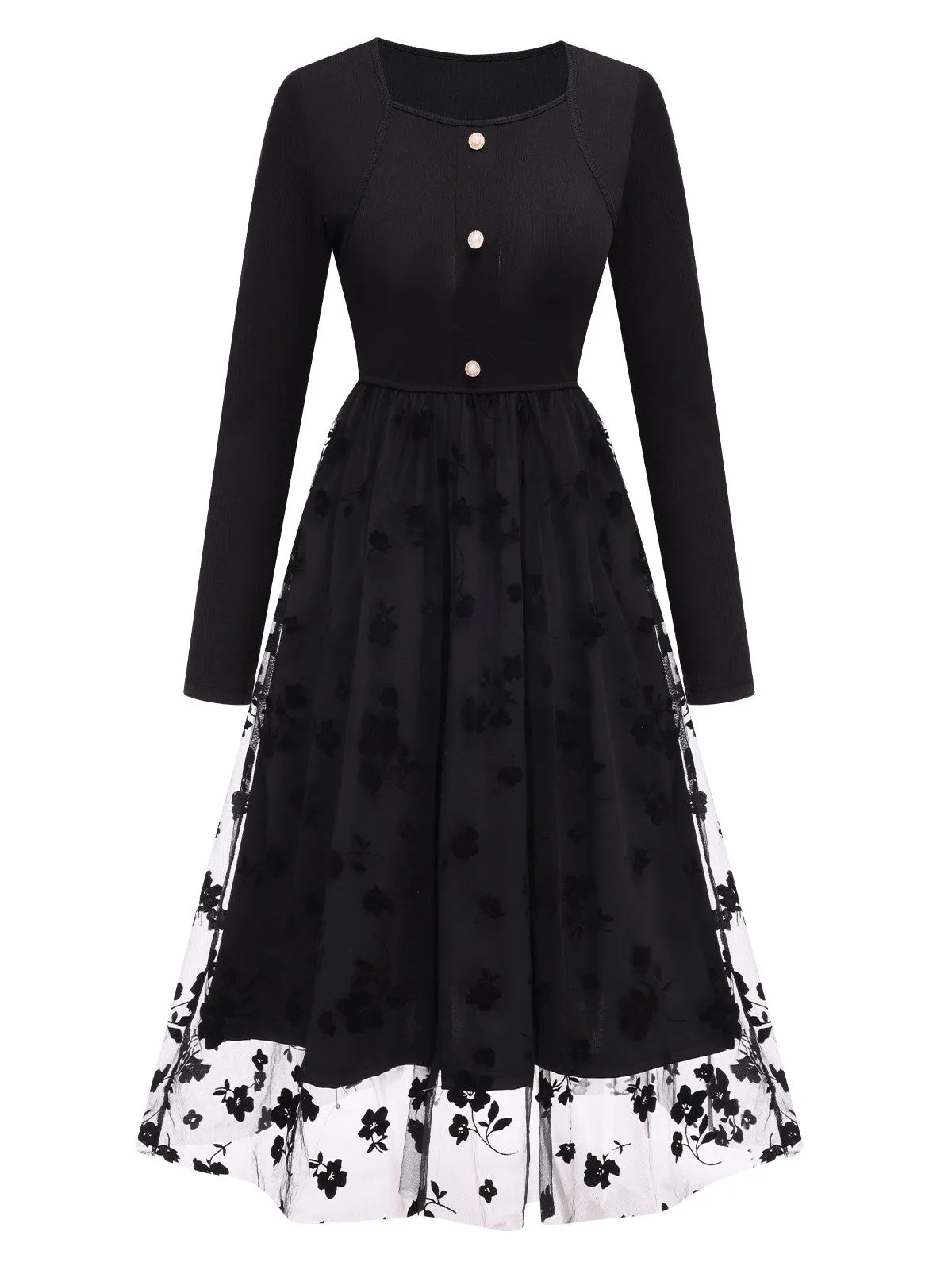 Black 1950s Floral Mesh Patchwork Dress sold by Retro Stage product image thumbnail 2