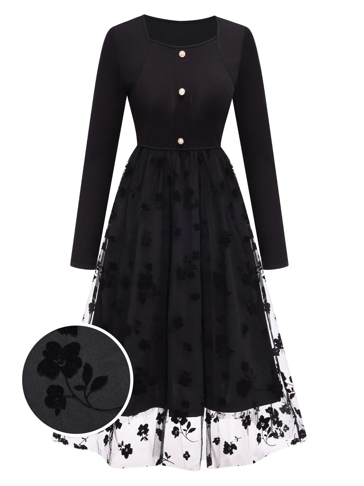 Black 1950s Floral Mesh Patchwork Dress sold by Retro Stage