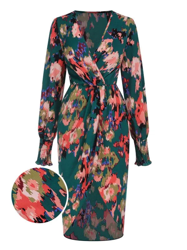 Green 1980s Surplice Floral Tulip Hem Dress sold by Retro Stage