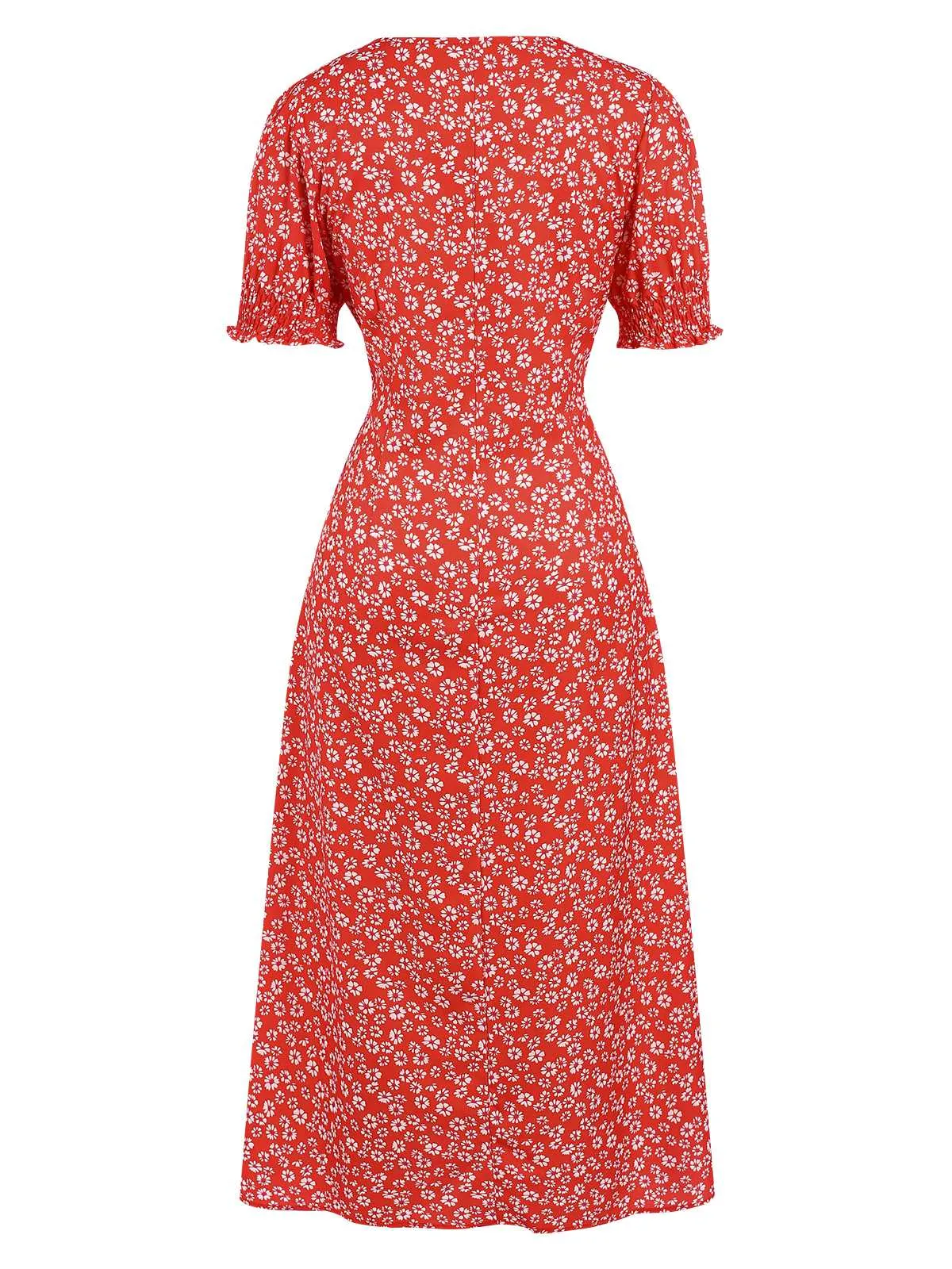 Red 1940s Sweetheart Neck Ditsy Floral Slit Dress sold by Retro Stage product image thumbnail 2