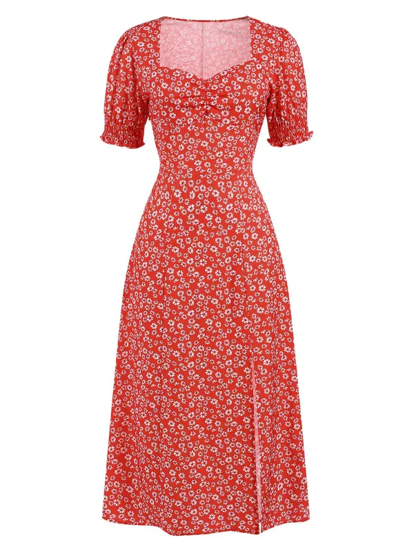 Red 1940s Sweetheart Neck Ditsy Floral Slit Dress sold by Retro Stage