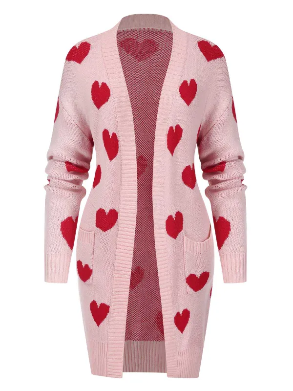 Pink 1930s Heart Long Knitted Cardigan sold by Retro Stage