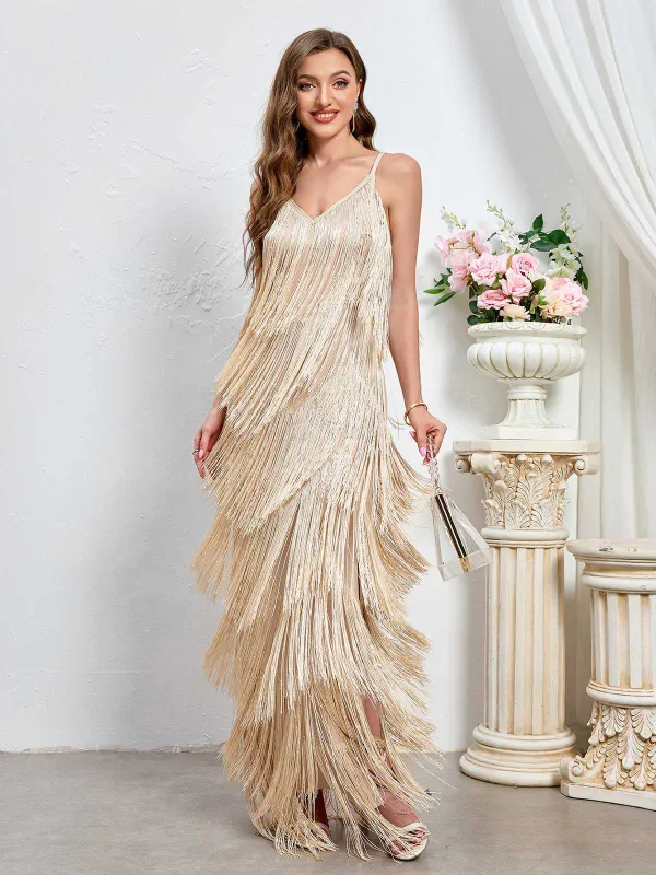 Beige 1920s Tassel Spaghetti Straps Maxi Dress sold by Retro Stage