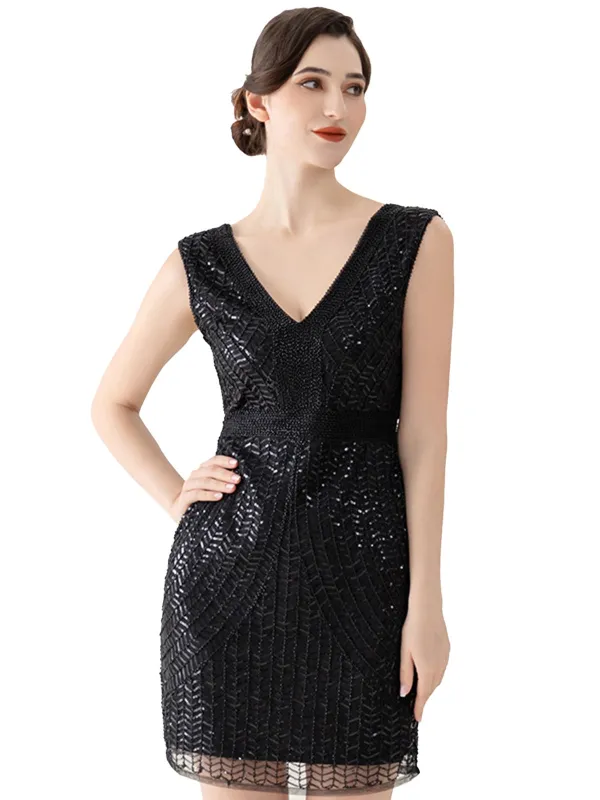 Black 1920s V-Neck Sequined Evening Dress sold by Retro Stage
