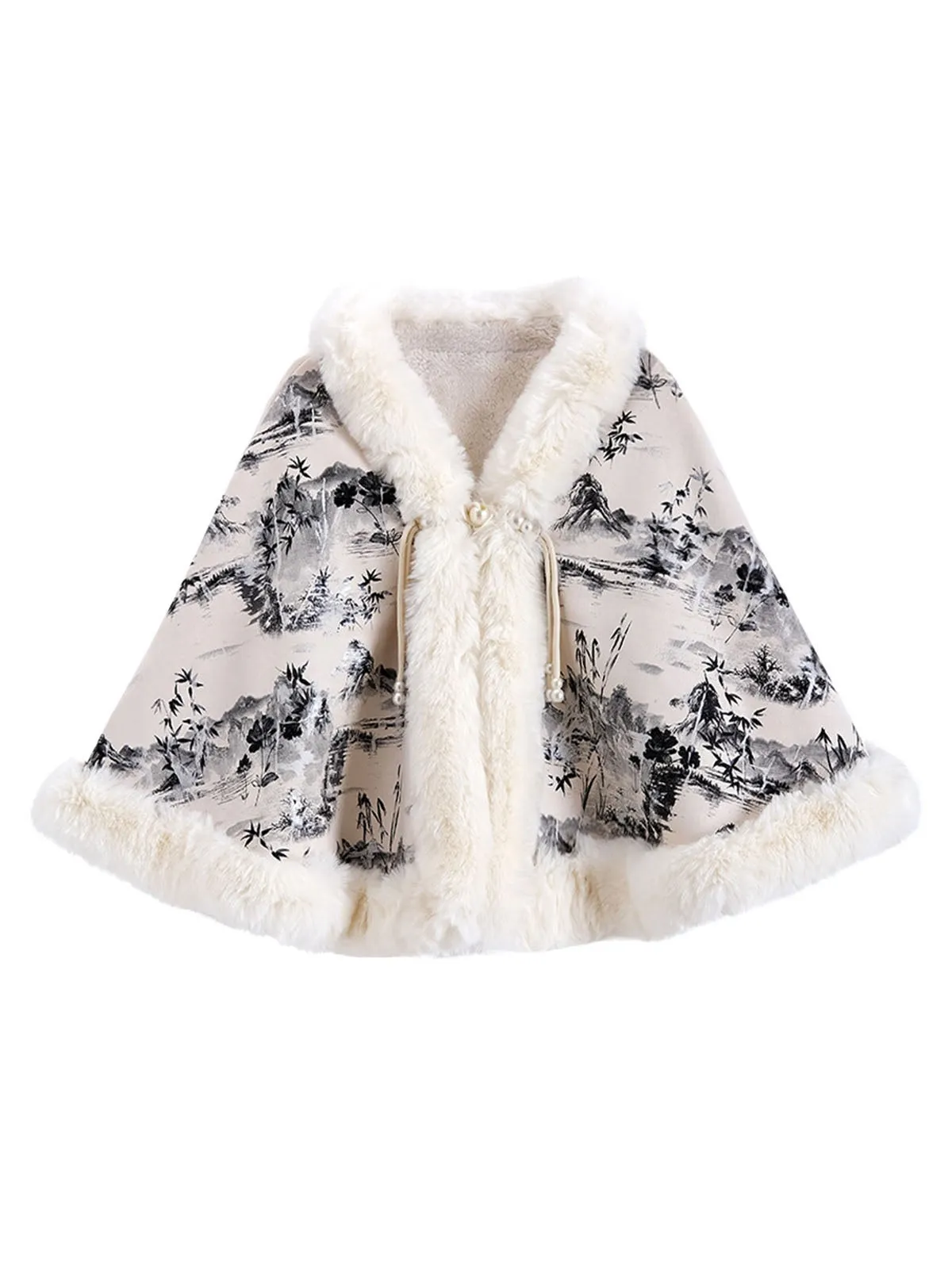 Black 1950s Ink Landscape Painting Fur Cloak sold by Retro Stage