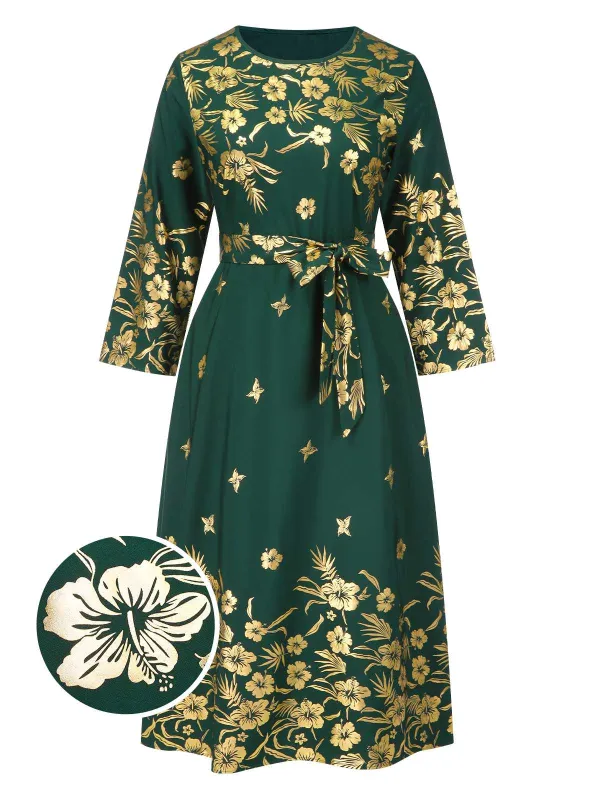 [Plus Size] Green 1940s Gilded Floral Belted Dress sold by Retro Stage