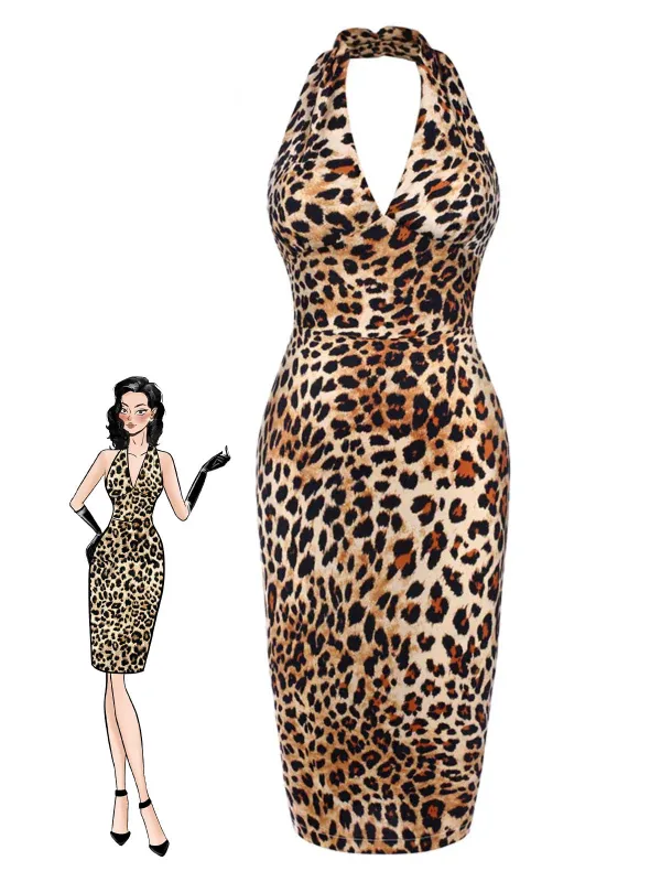 Brown 1960s Halter V-Neck Leopard Dress sold by Retro Stage