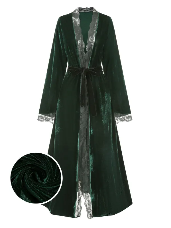 1970s Lace Trim Velvet Lounge Night Robe sold by Retro Stage