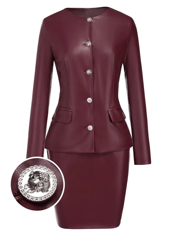 2PCS Wine Red 1960s Solid Leather Top & Pencil Skirt sold by Retro Stage