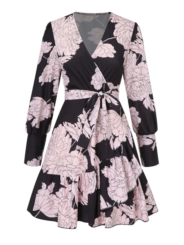 1940s V-Neck Peony Floral Belted Dress sold by Retro Stage