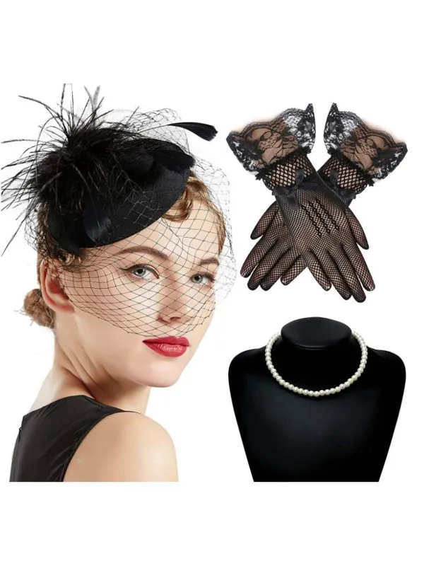 3PCS Black Feather Hat & Necklace & Lace Gloves sold by Retro Stage