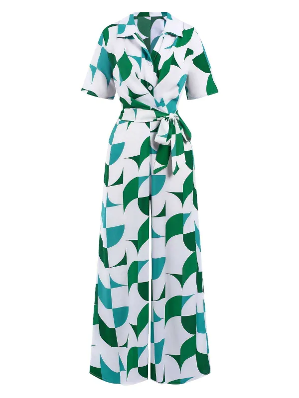 1940s V-Neck Contrast Print Belted Jumpsuit sold by Retro Stage