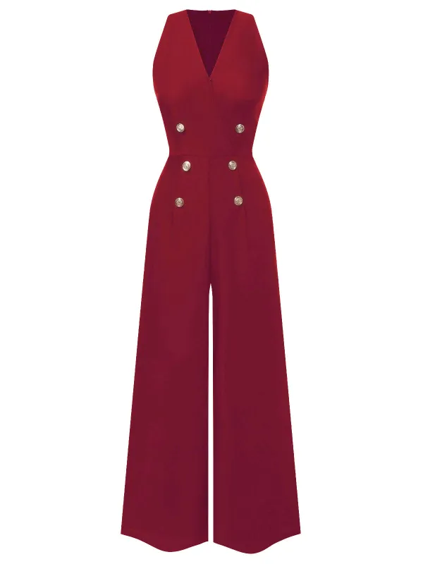 Red 1950s Sleeveless Buttoned Solid Jumpsuit sold by Retro Stage