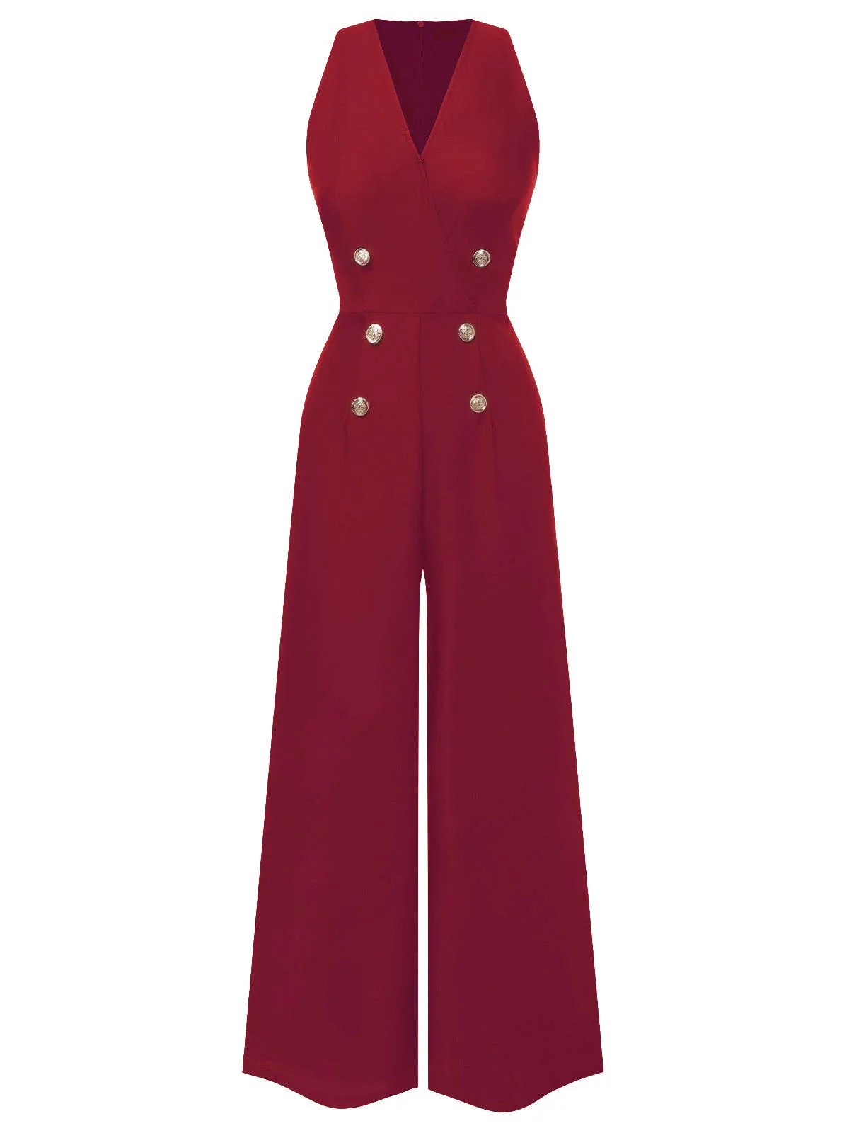 Red 1950s Sleeveless Buttoned Solid Jumpsuit sold by Retro Stage