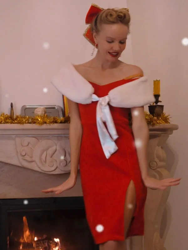 Red 1960s Plush Bow Pencil Dress With Cape sold by Retro Stage