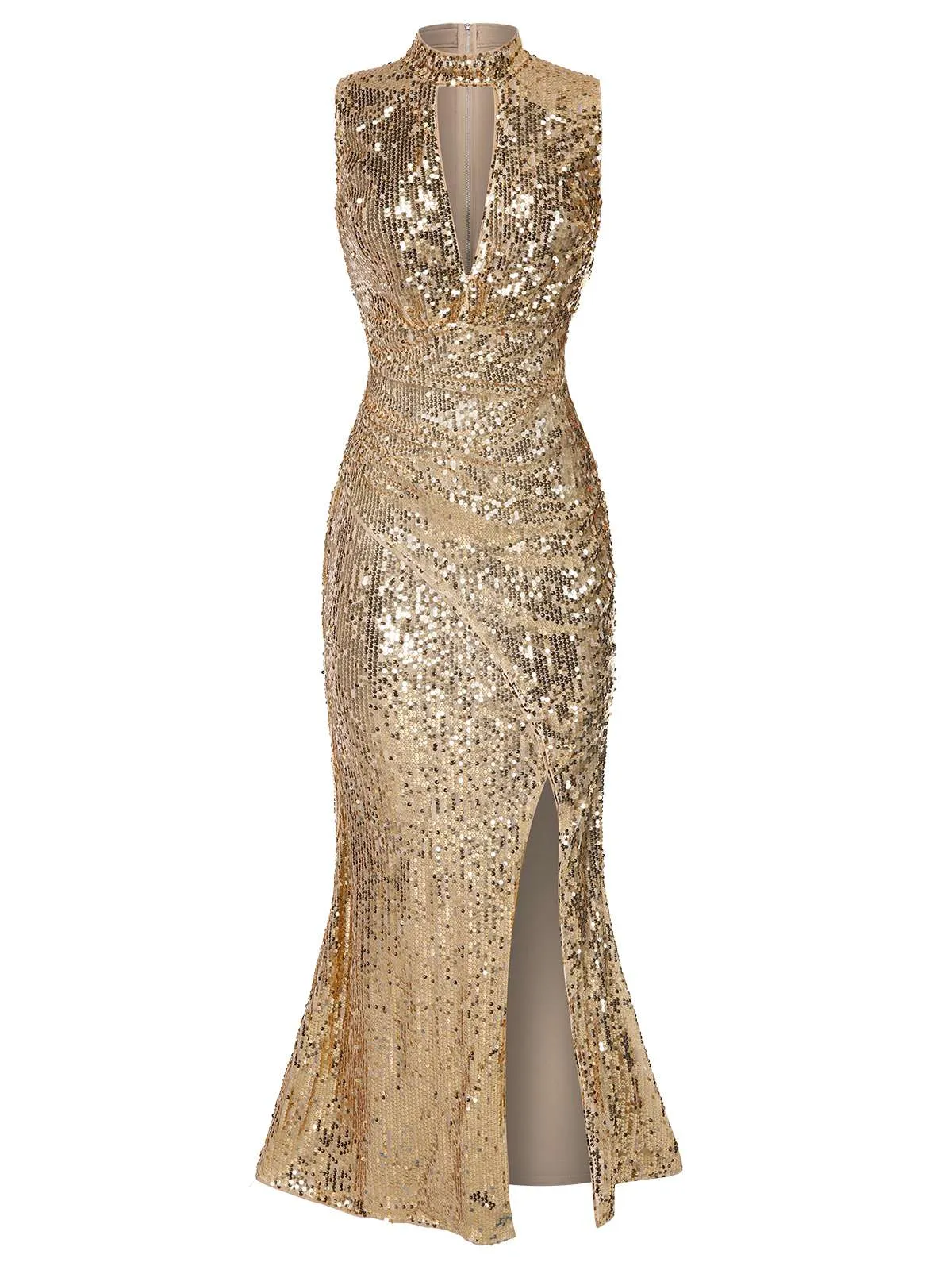 Champagne 1930s Keyhole Sequined Maxi Dress sold by Retro Stage product image thumbnail 2
