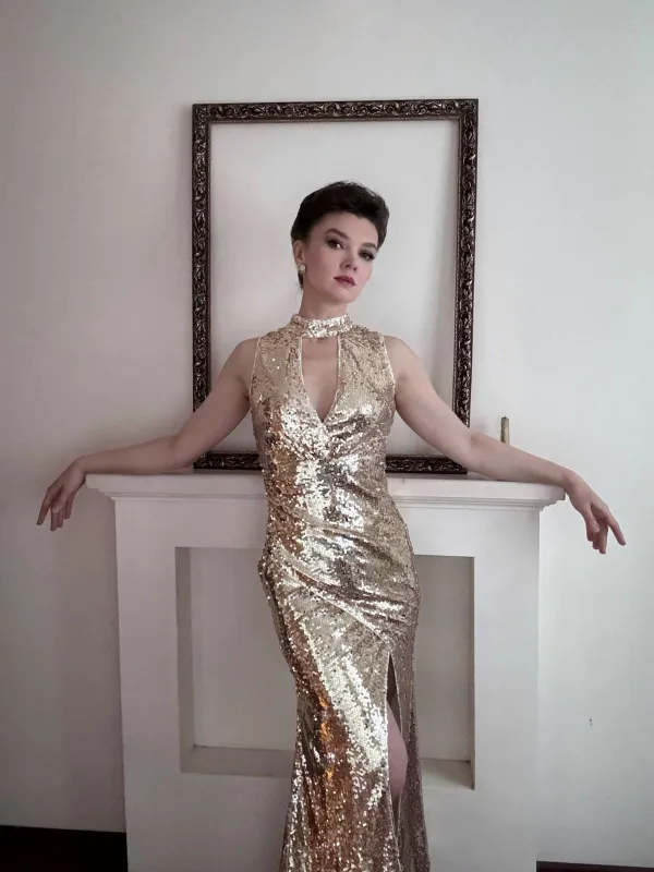Champagne 1930s Keyhole Sequined Maxi Dress sold by Retro Stage