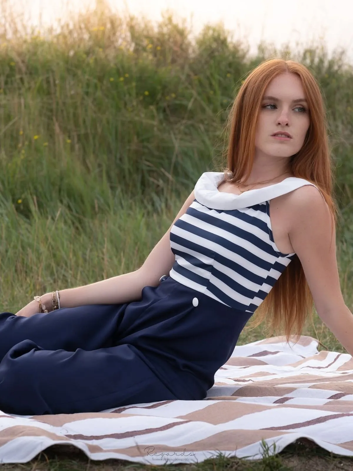 Dark Blue 1930s Stripe Off-Shoulder Jumpsuit sold by Retro Stage