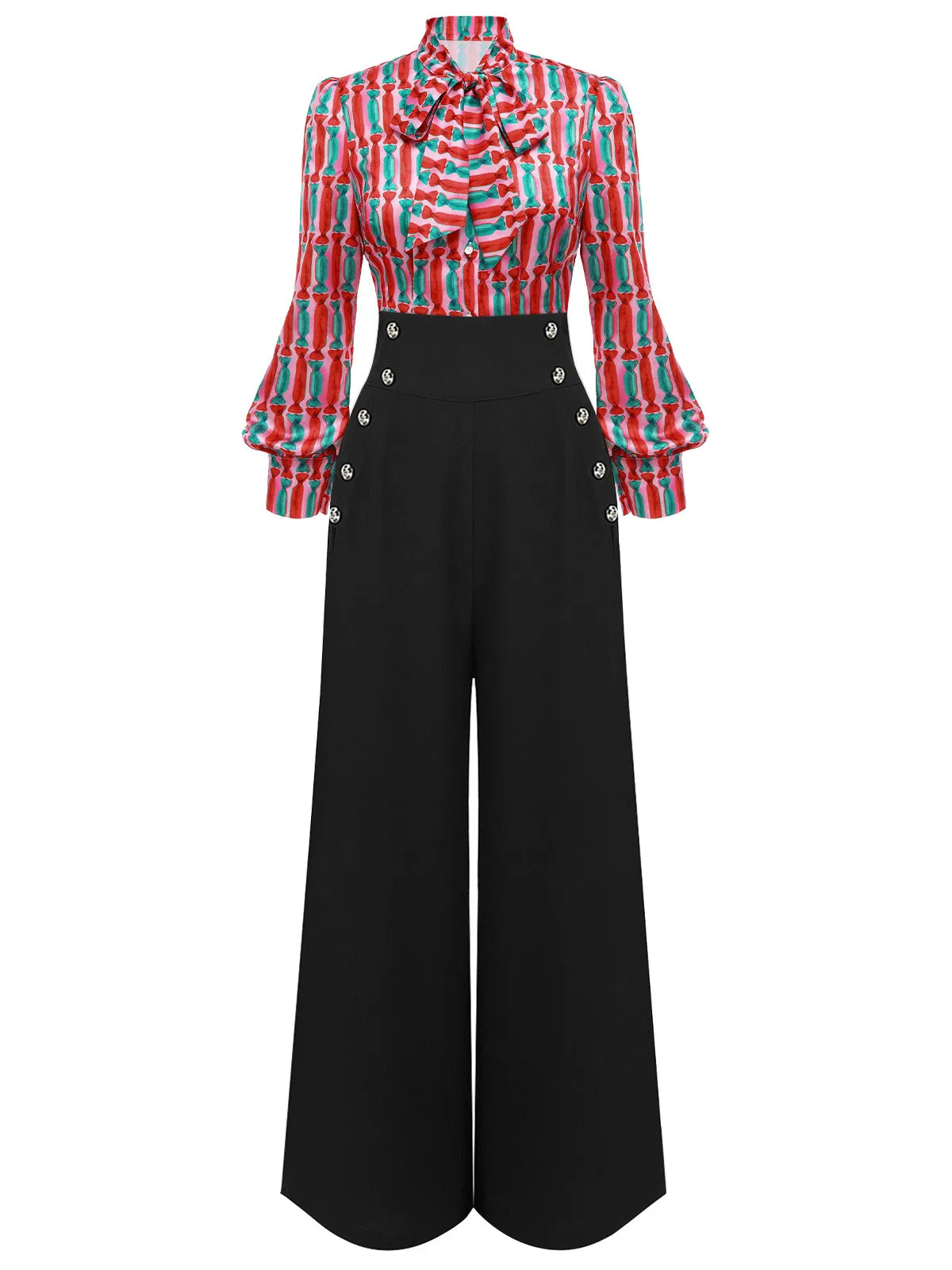 2PCS 1950s Candy Tie-Up Blouse & Black Suspender Pants sold by Retro Stage product image thumbnail 3