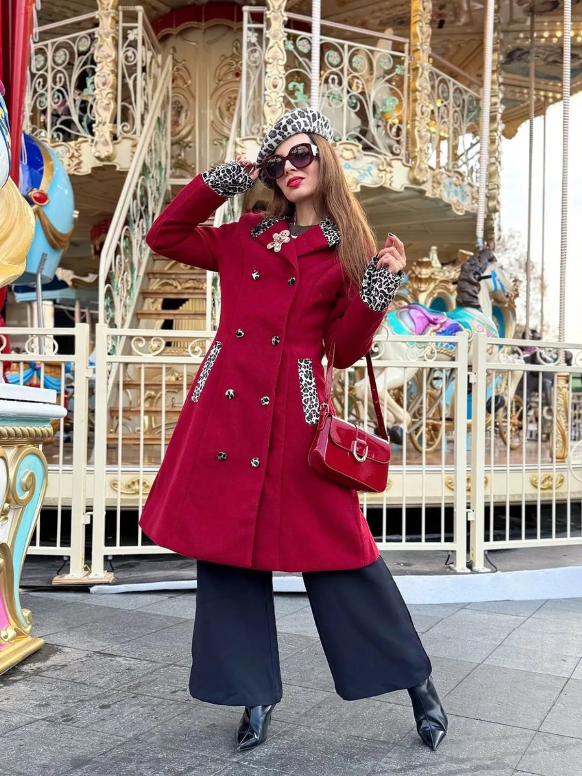 Wine Red 1950s Leopard Patchwork Button Coat sold by Retro Stage