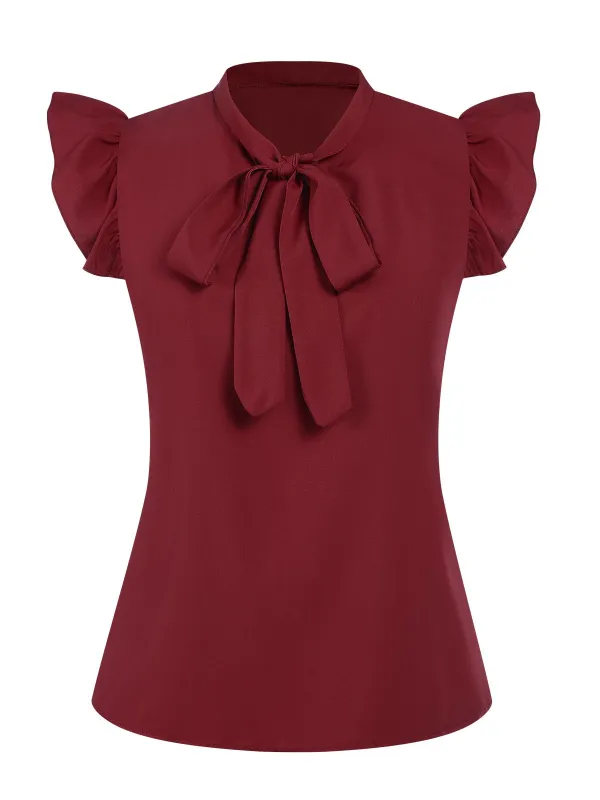 Red 1940s Solid Tie-Neck Ruffle Sleeve Blouse sold by Retro Stage