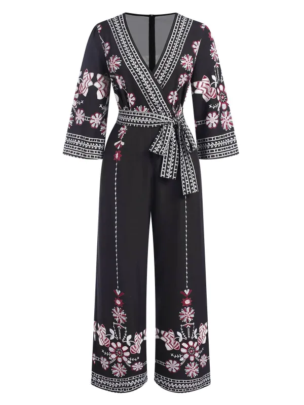 Black 1970s Surplice V-Neck Floral Jumpsuit sold by Retro Stage