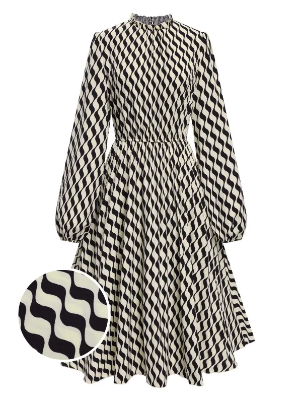 Black 1940s Balloon Sleeve Pleated Chevron Dress sold by Retro Stage