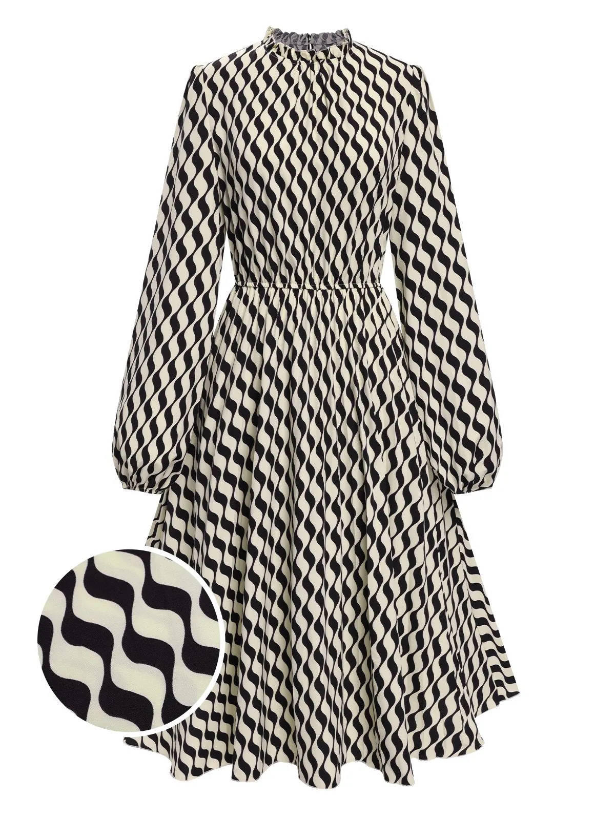 Black 1940s Balloon Sleeve Pleated Chevron Dress sold by Retro Stage