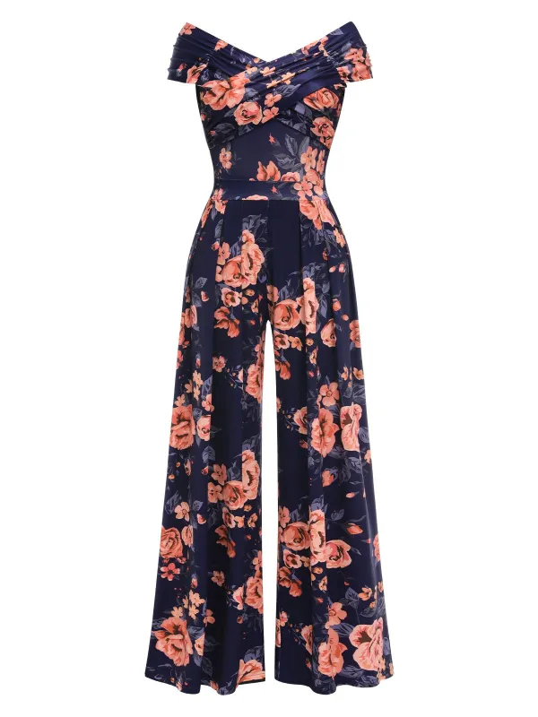 Dark Blue 1960s Off-Shoulder Floral Jumpsuit sold by Retro Stage