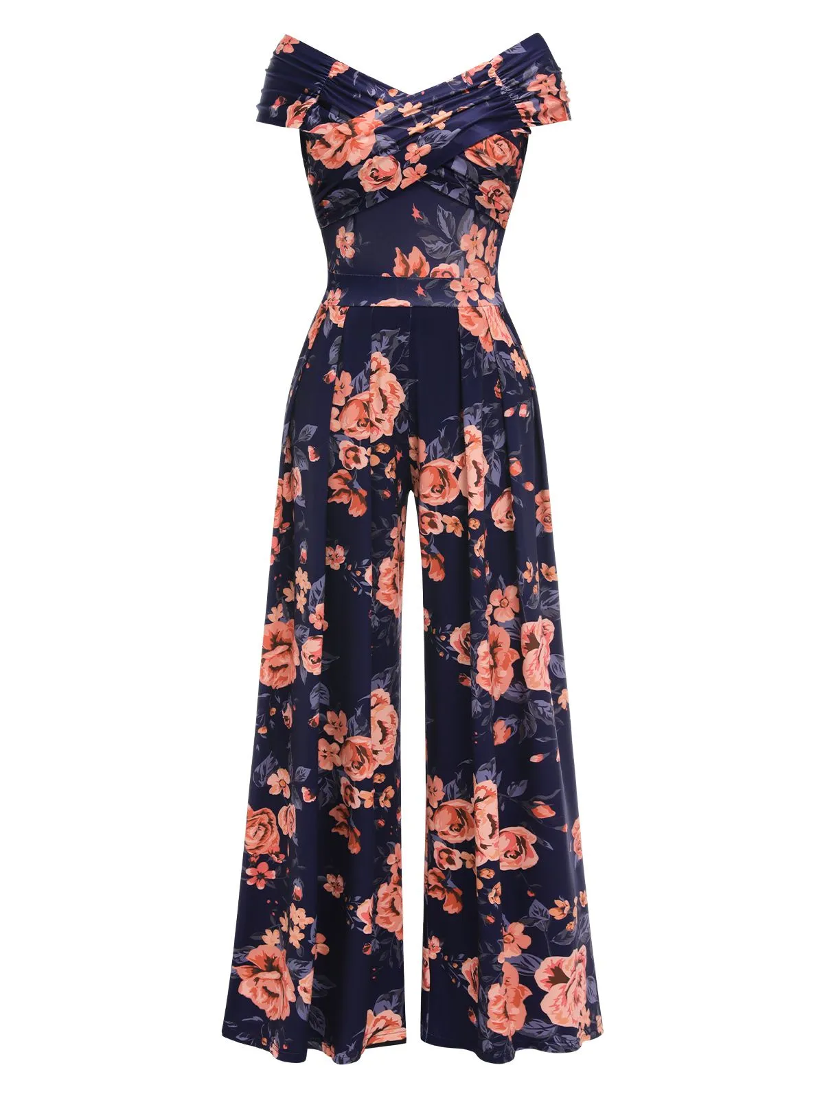 Dark Blue 1960s Off-Shoulder Floral Jumpsuit sold by Retro Stage