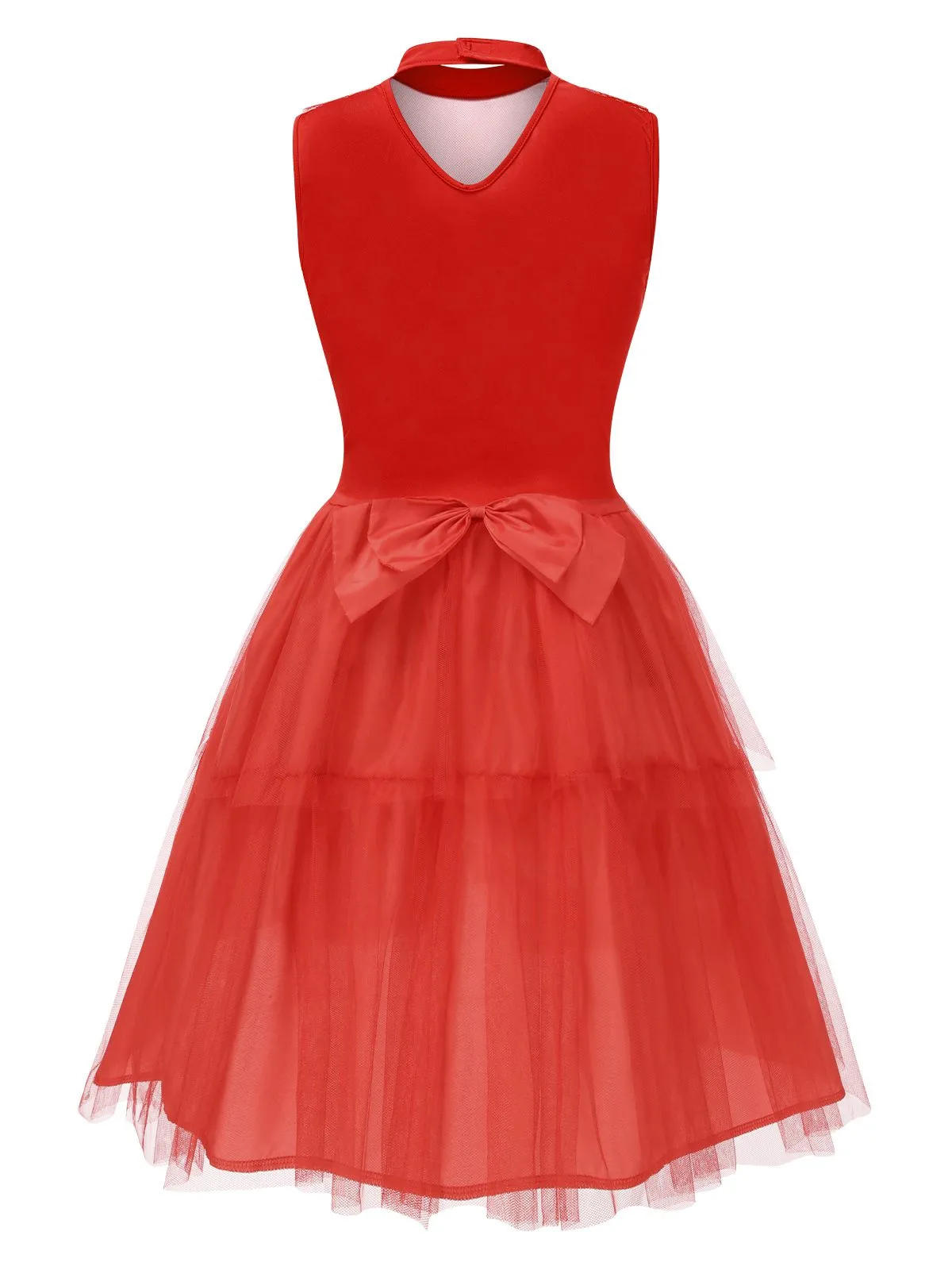 Red 1950s Solid Mesh Bow Translucent V-Neck Dress sold by Retro Stage product image thumbnail 3