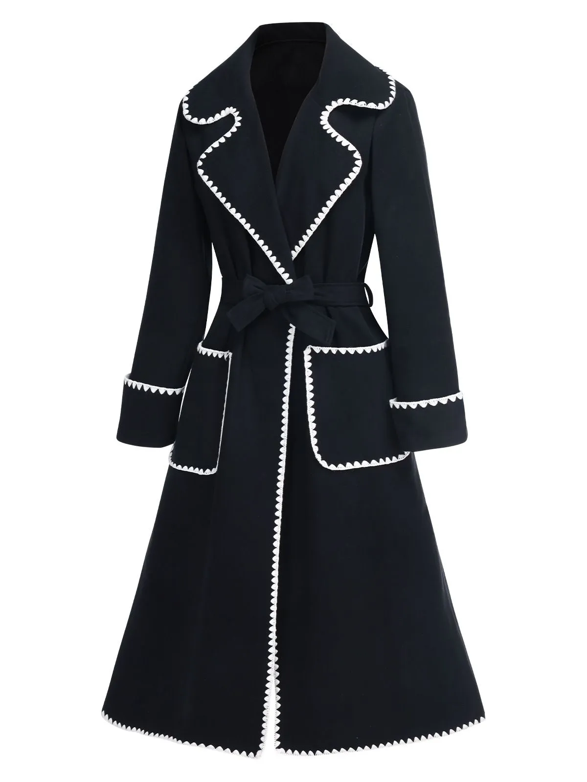 Black 1940s Embroidered Lapel Pocket Belted Coat sold by Retro Stage product image thumbnail 2