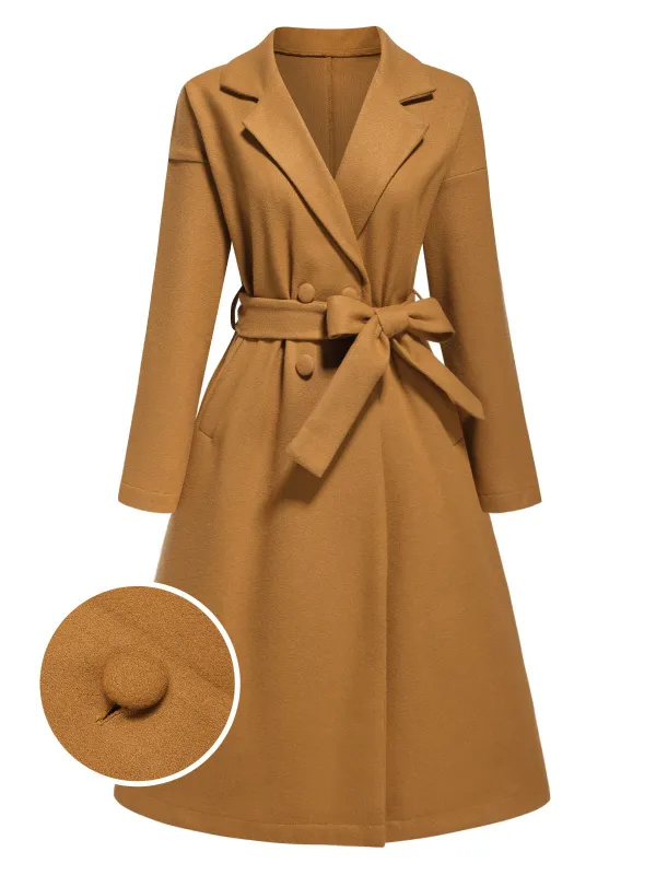 Khaki 1960s Turn-Up Collar Solid Belted Coat sold by Retro Stage