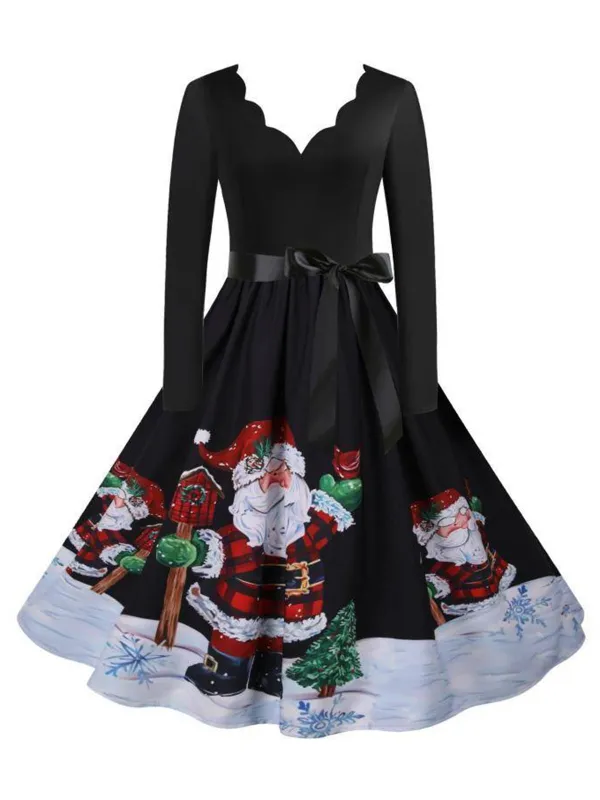 Black 1950s Scalloped Neck Christmas Santa Belted Dress sold by Retro Stage