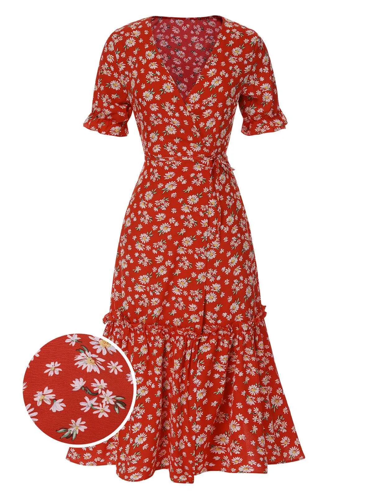1930s Daisy Surplice V-Neck Belted Dress sold by Retro Stage