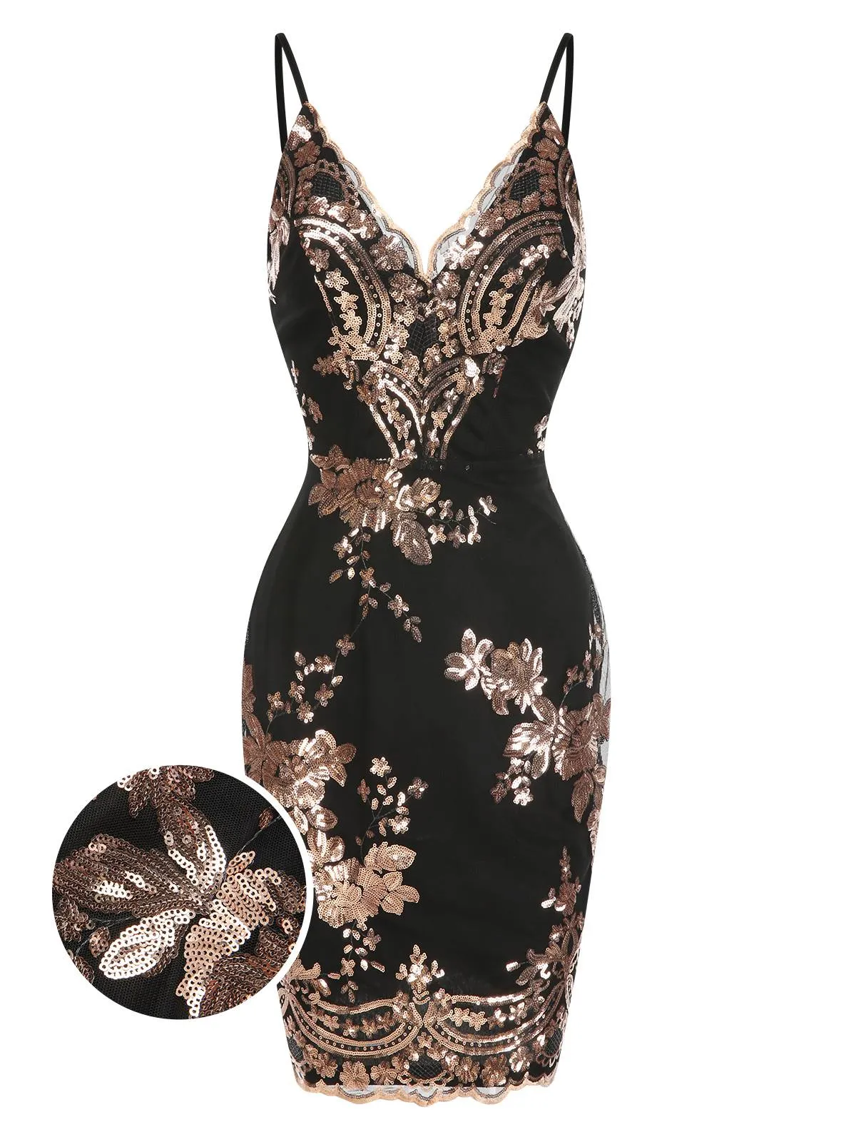 1970s V-Neck Floral Sequined Straps Dress sold by Retro Stage product image thumbnail 3