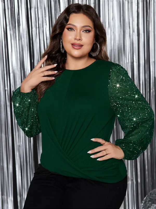 [Plus Size] 1950s Solid Sequined Patchwork Top sold by Retro Stage