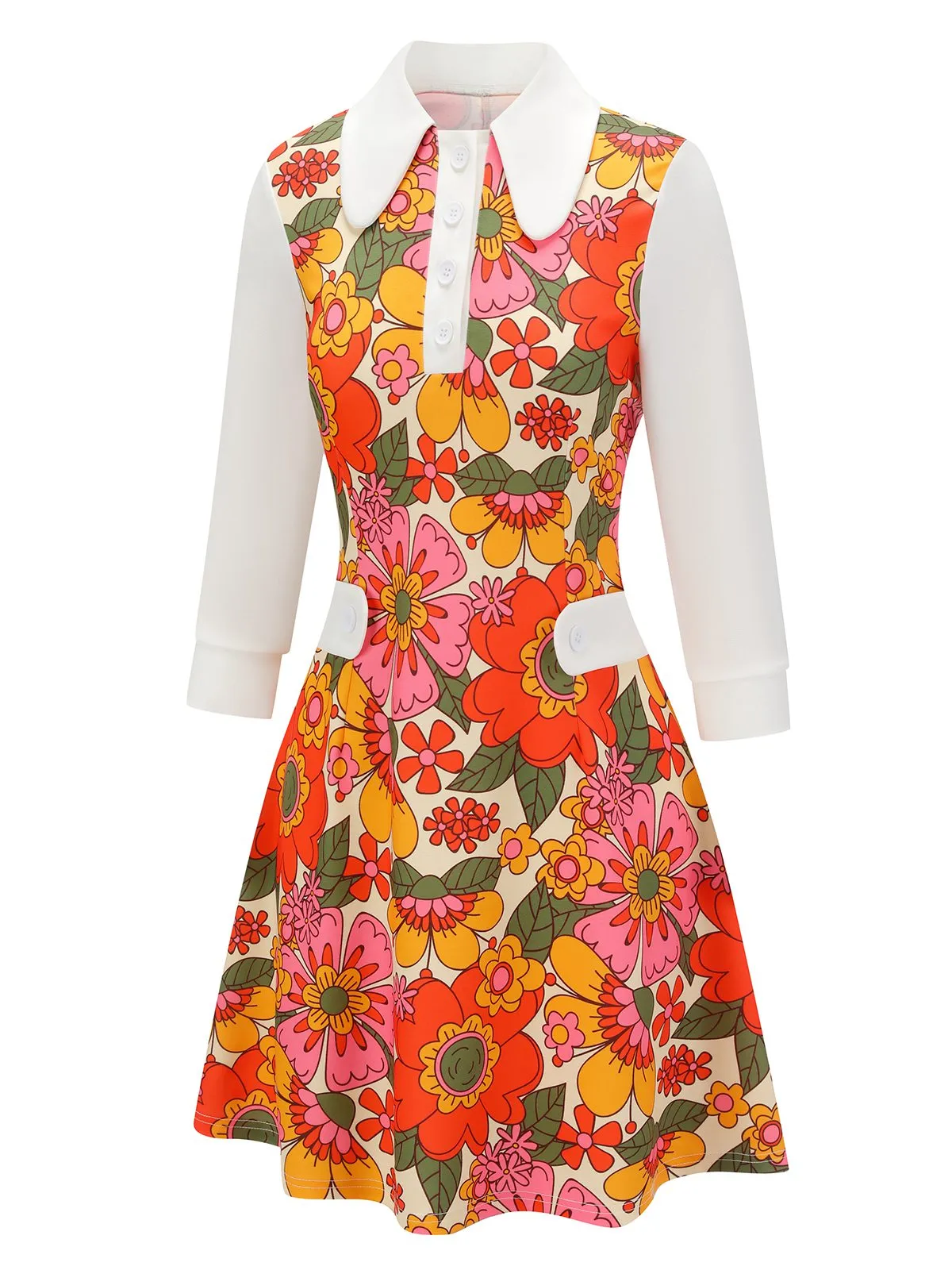Orange 1960s Lapel Flowers Patchwork Dress sold by Retro Stage product image thumbnail 5