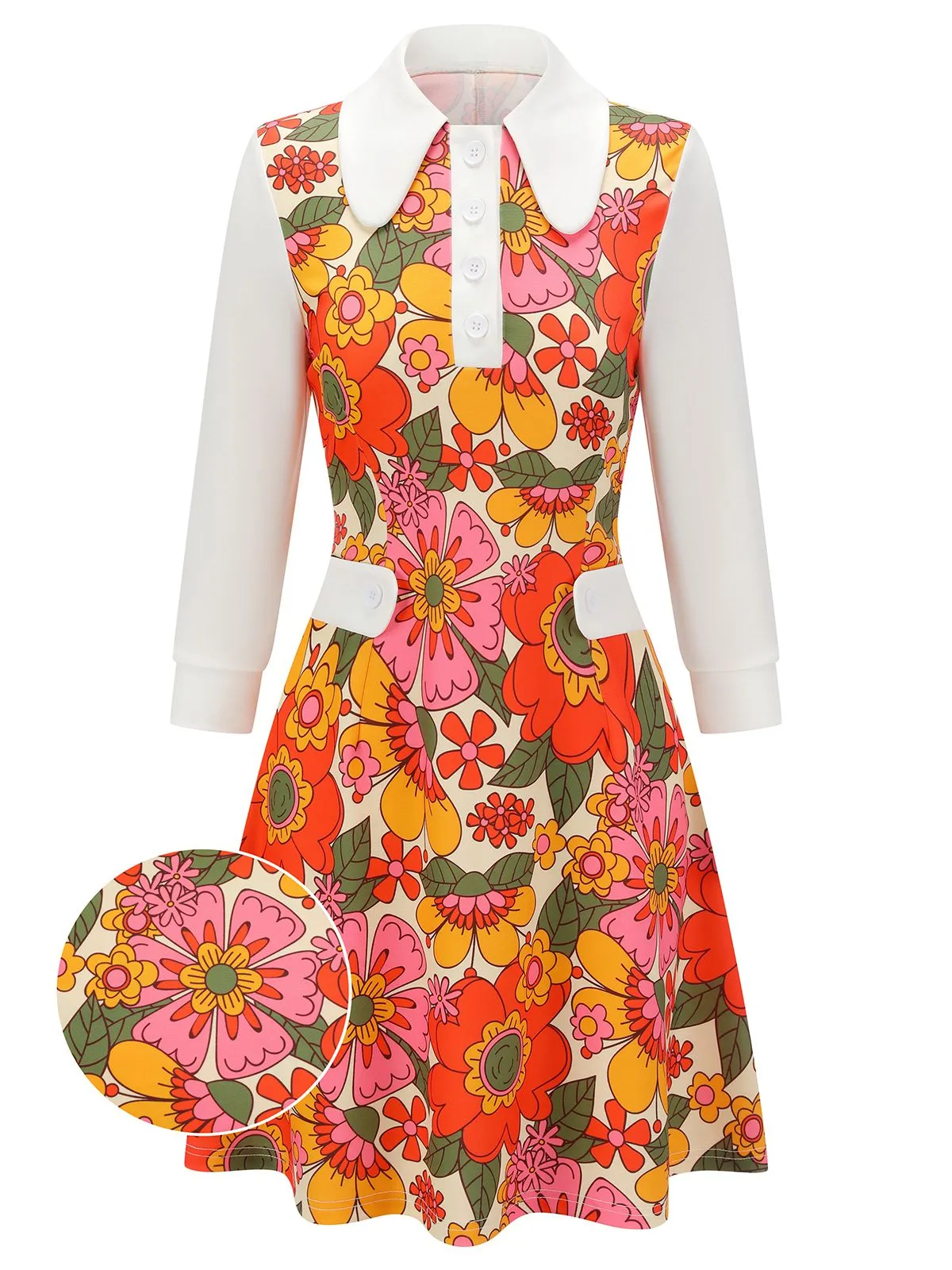 Orange 1960s Lapel Flowers Patchwork Dress sold by Retro Stage product image thumbnail 3