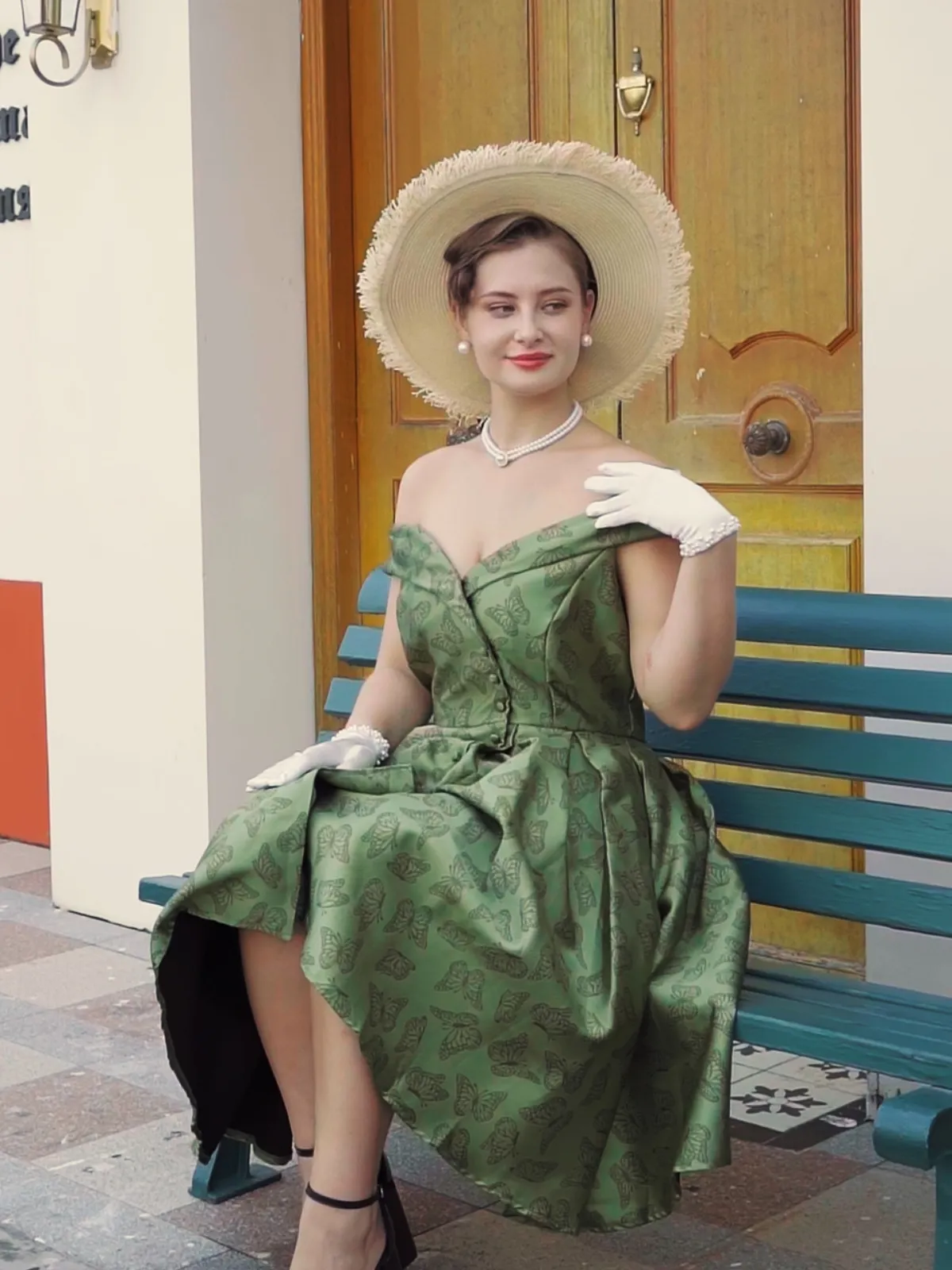 Green 1950s Off-Shoulder Vintage Dress sold by Retro Stage