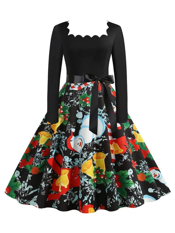 Black 1950s Christmas Print Belted Dress sold by Retro Stage