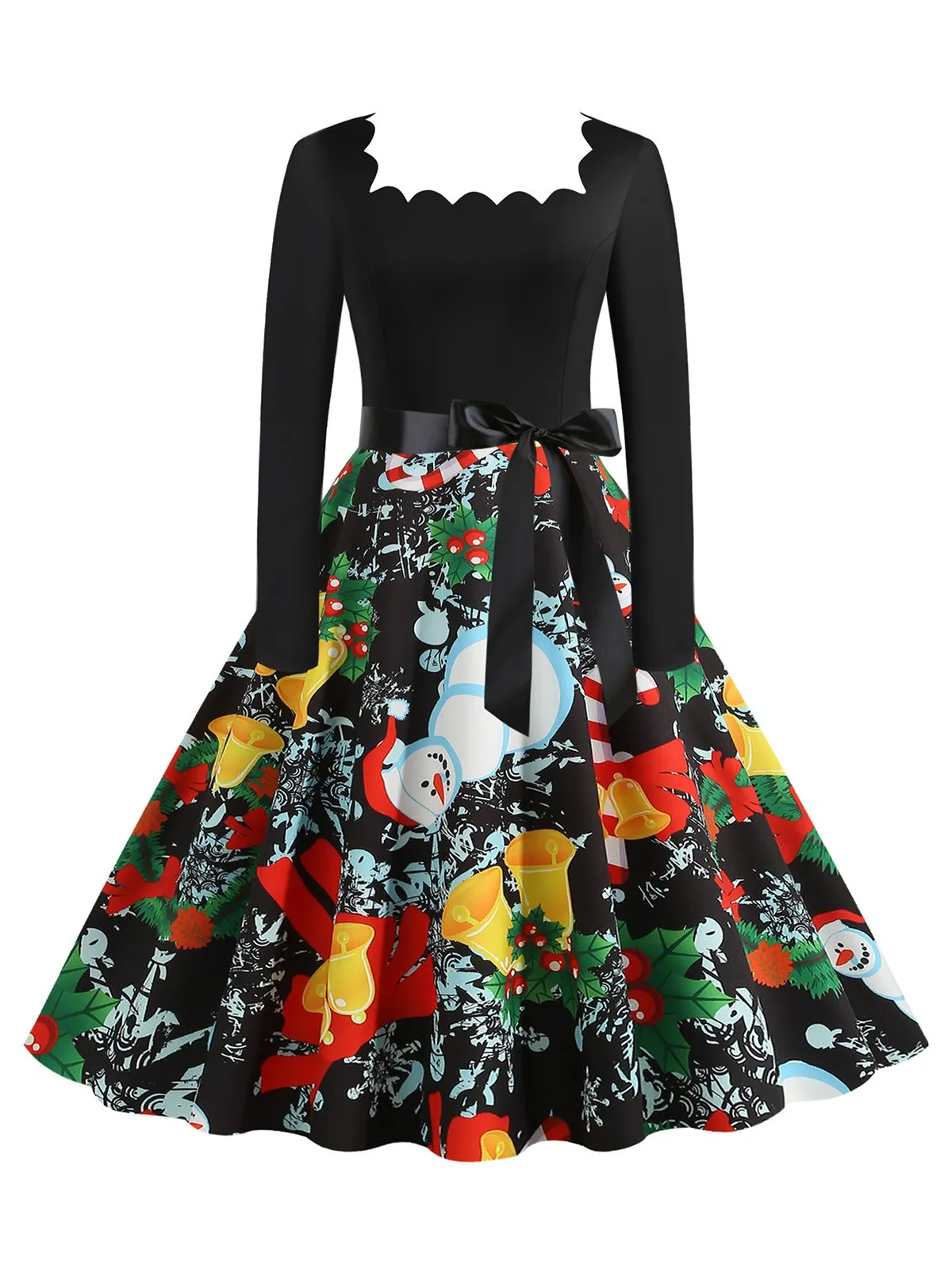 Black 1950s Christmas Print Belted Dress sold by Retro Stage