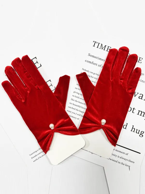 Red Vintage Velvet Pearl Gloves sold by Retro Stage