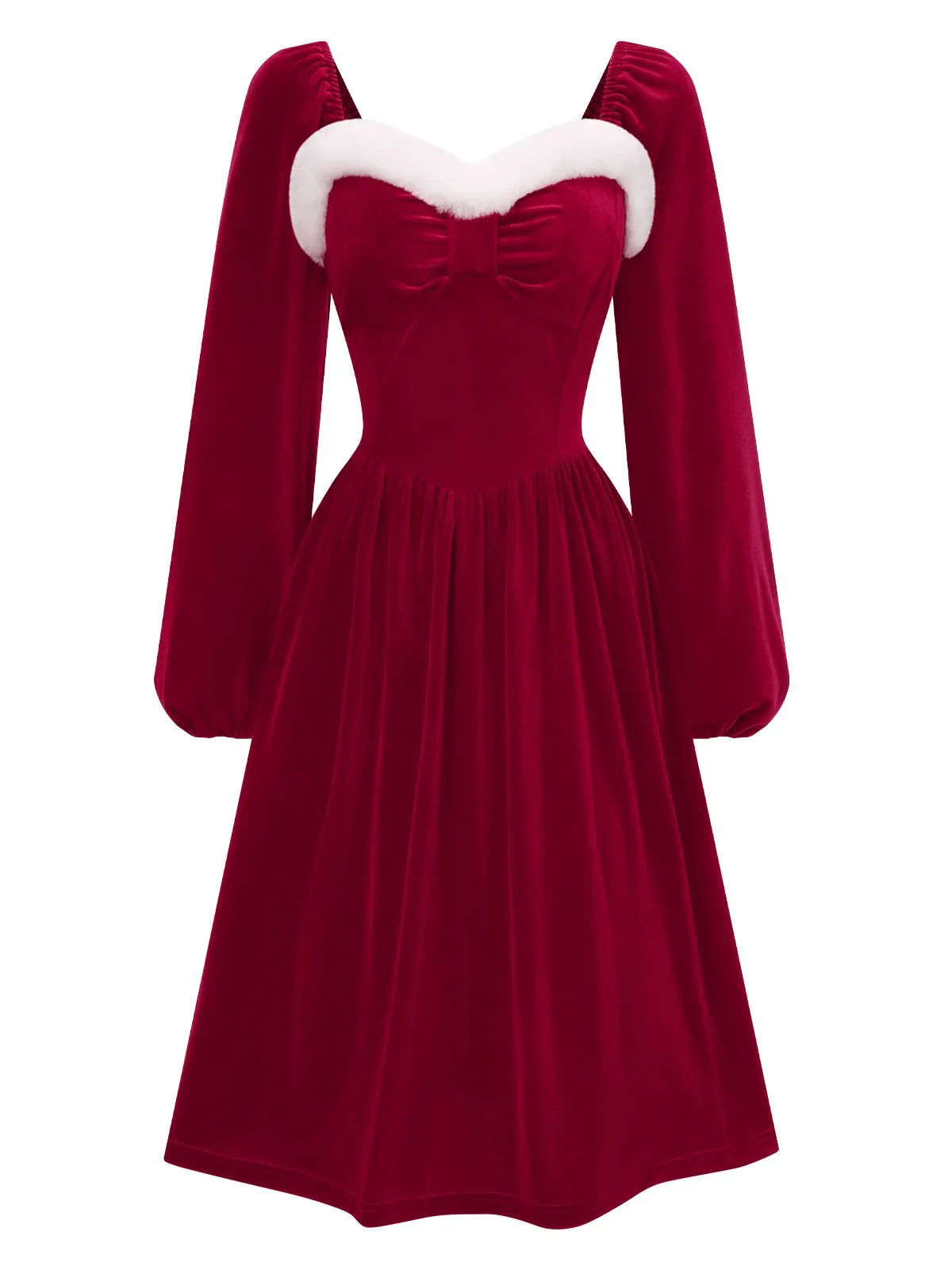 Wine Red 1940s Christmas Fur Collar Solid Dress sold by Retro Stage product image thumbnail 2