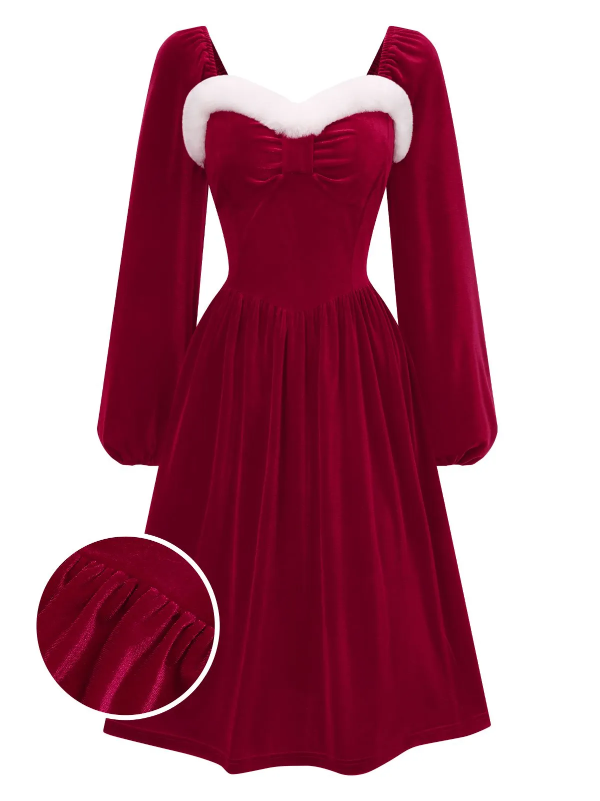 Wine Red 1940s Christmas Fur Collar Solid Dress sold by Retro Stage