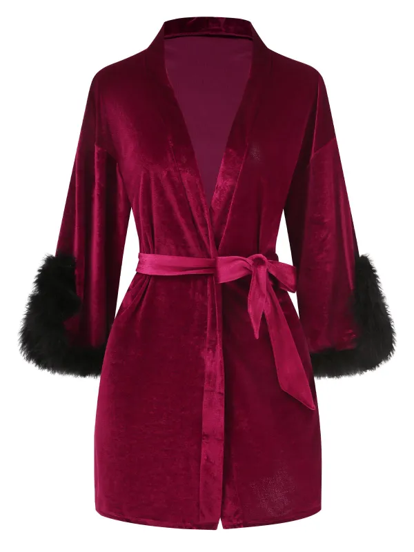 Wine Red 1960s Velvet Fur Lace-Up Sleepwear sold by Retro Stage