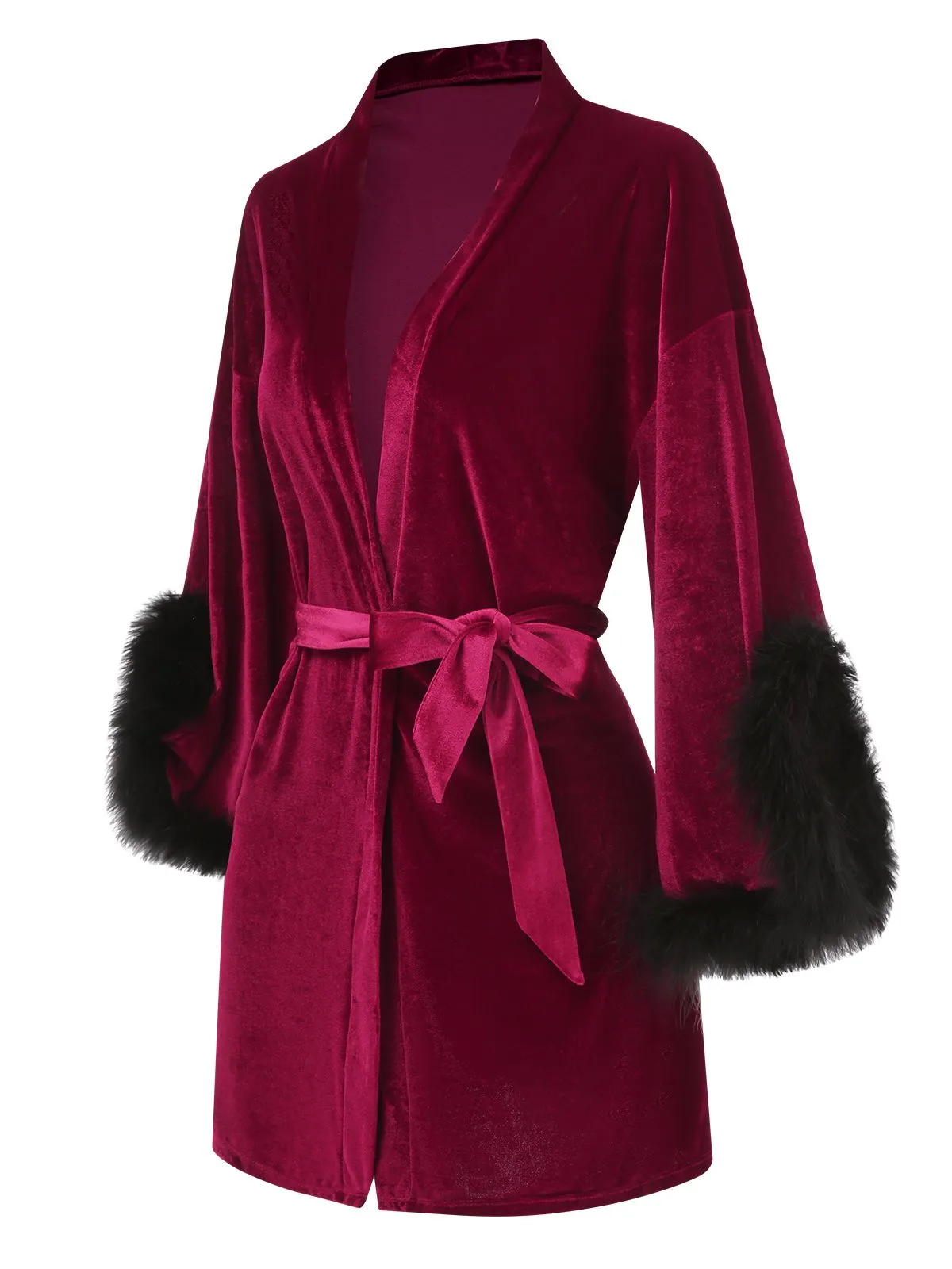 Wine Red 1960s Velvet Fur Lace-Up Sleepwear sold by Retro Stage product image thumbnail 2