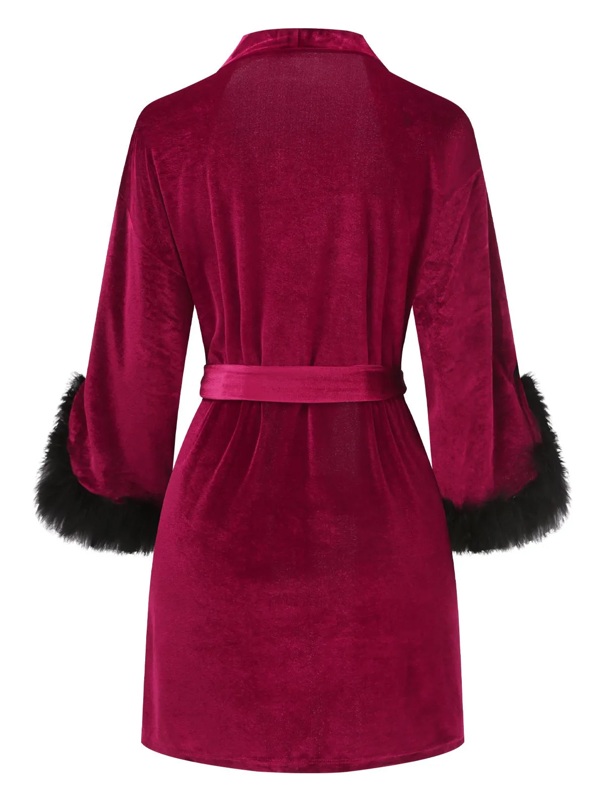Wine Red 1960s Velvet Fur Lace-Up Sleepwear sold by Retro Stage product image thumbnail 3