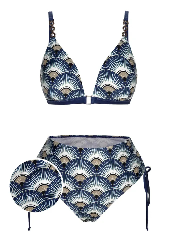 Blue 1930s Ancient Fan Lace-Up Bikini Set sold by Retro Stage